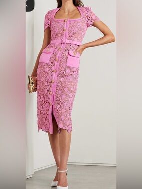 NWOT Self-Portrait Pink Lace Midi Pencil Skirt with Gold Buttons